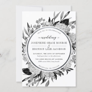 Modern Black and White Watercolor Floral Silver Invitation