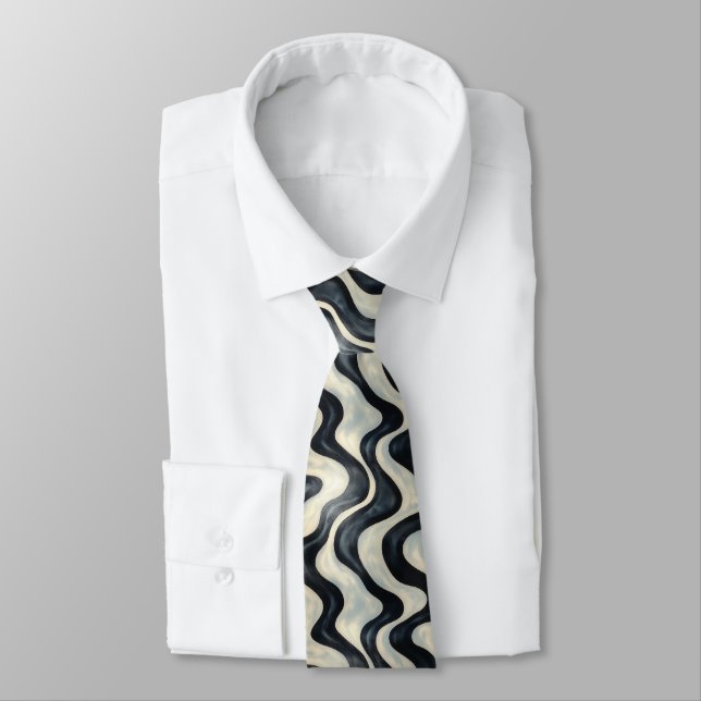 Modern Black and White Wave Pattern Tie (Tied)