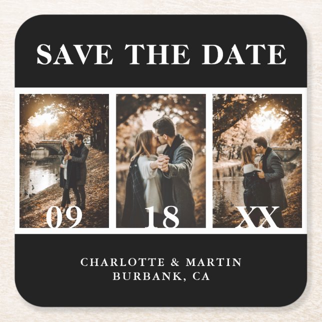Modern Black and White Wedding Photo Save The Date Square Paper Coaster (Front)