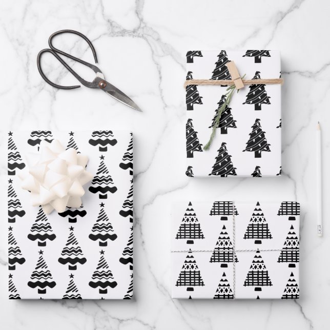 Modern Black and White Whimsical Christmas Trees Wrapping Paper Sheet (Front)