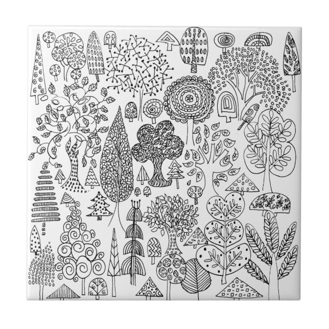 Modern Black and White Whimsical Tree Patterned Tile (Front)