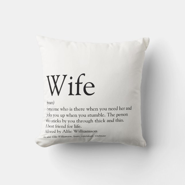 Modern Black and White Wife Definition Wedding Throw Pillow (Front)