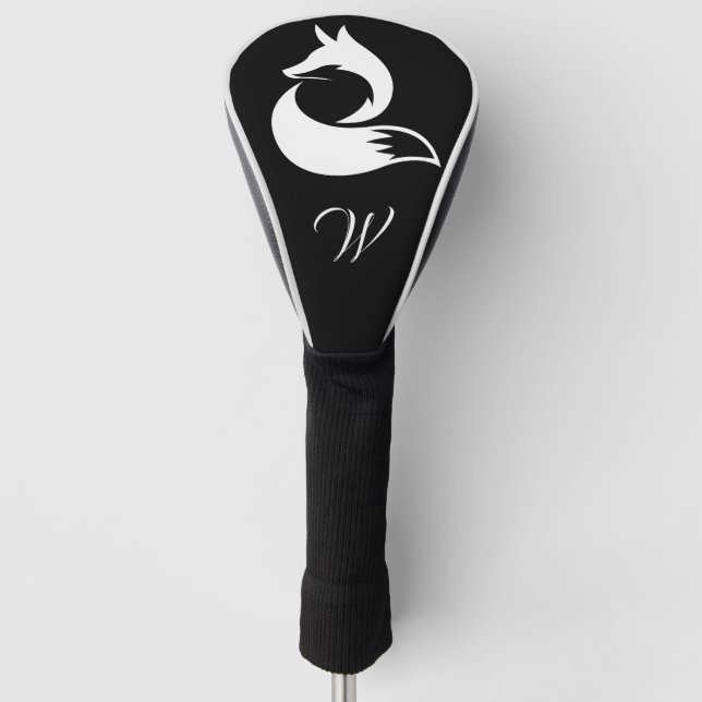 Modern Black and White Wild Fox Monogram Initial  Golf Head Cover (Front)