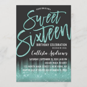 Modern Black Aqua Glitter Typography Sweet 16 Invitation