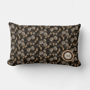Modern Black & Beige Floral Pattern Monogram Lumbar Pillow