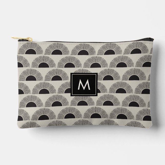 Modern Black & Beige Sunset Abstract Art Monogram Accessory Pouch (Front)