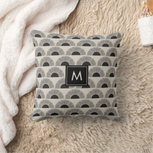 Modern Black & Beige Sunset Abstract Art Monogram Throw Pillow