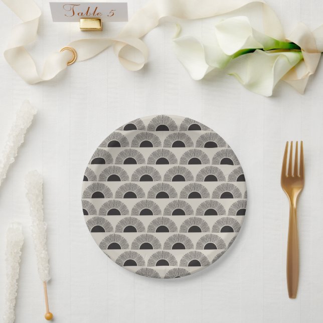 Modern Black & Beige Sunset Abstract Art Pattern Paper Plate (Wedding)