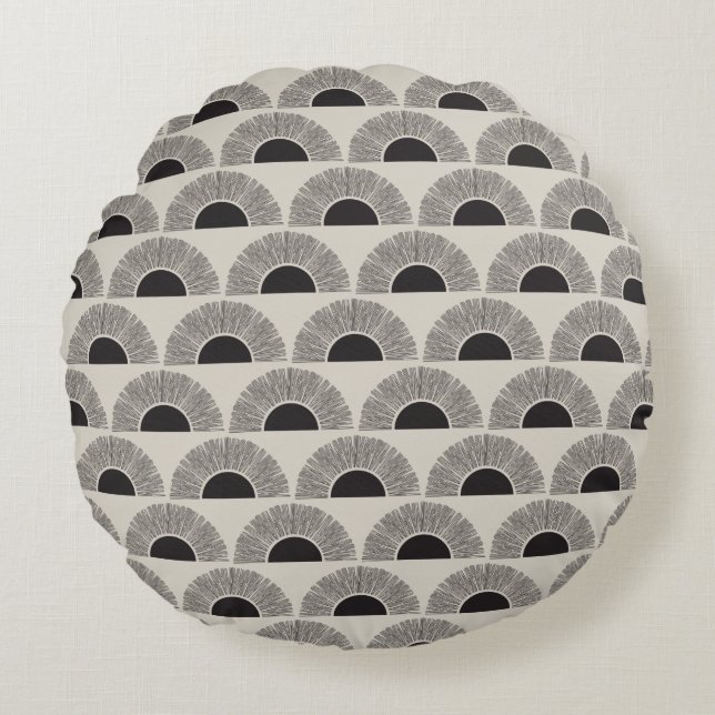 Modern Black & Beige Sunset Abstract Art Pattern Round Pillow (Front)