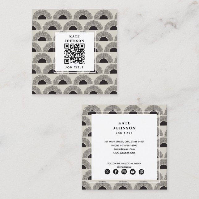 Modern Black & Beige Sunset Abstract Art QR Code Square Business Card (Front/Back)