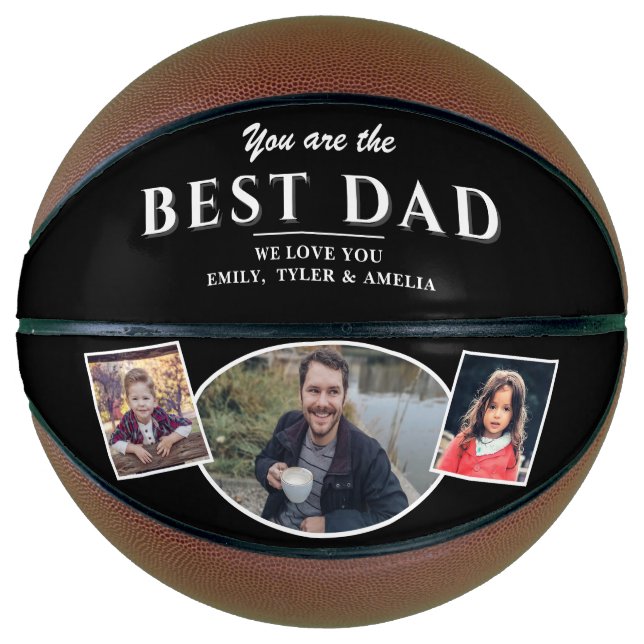 Modern Black Best Dad Father 3 Photo Collage Basketball (Front)