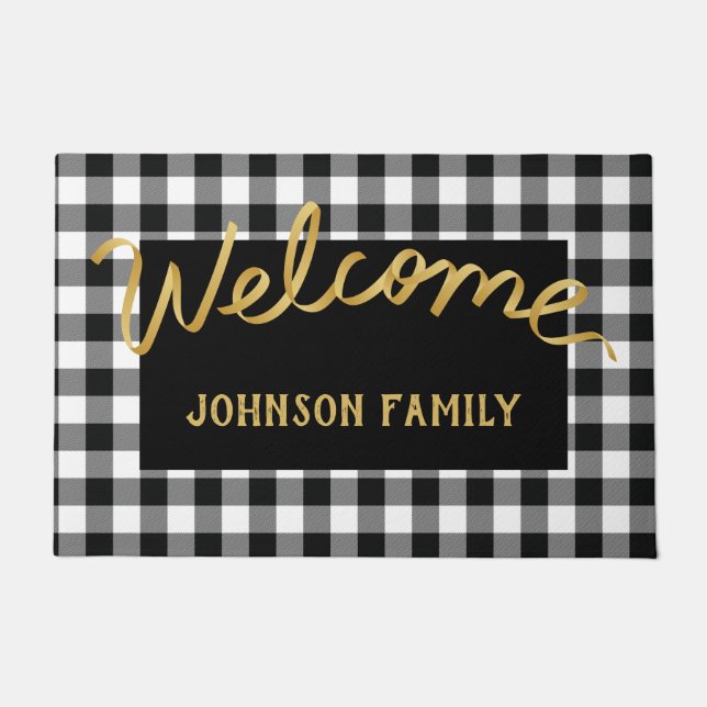 Modern Black & Black Buffalo Check Welcome Doormat (Front)
