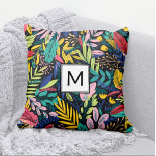 Modern Black Block Monogram Colourful Leaves Art Throw Pillow