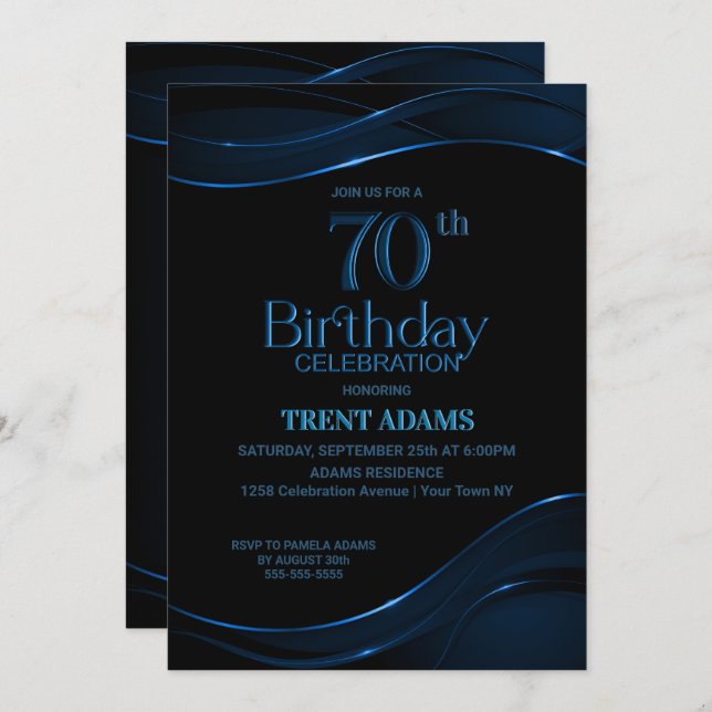 Modern Black Blue 70th Birthday Party Invitation (Front/Back)