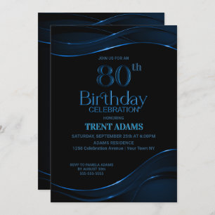 Modern Black Blue 80th Birthday Party Invitation