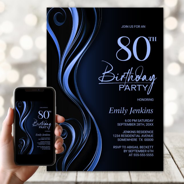 Modern Black Blue 80th Birthday Party Invitation (Creator Uploaded)