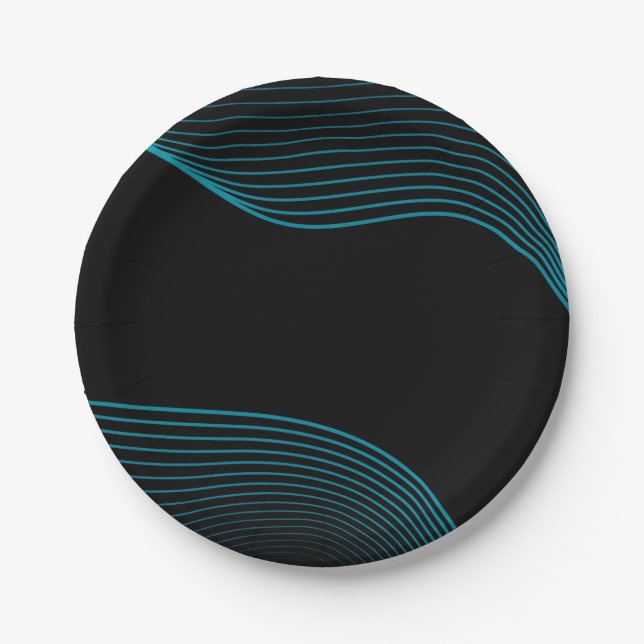 Modern Black & Blue Abstract Wavy Lines Paper Plat Paper Plate (Front)