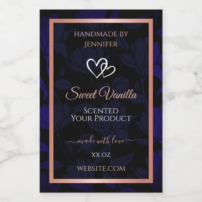 Modern Black Blue Floral Product Labels Rose Gold (Single Label)