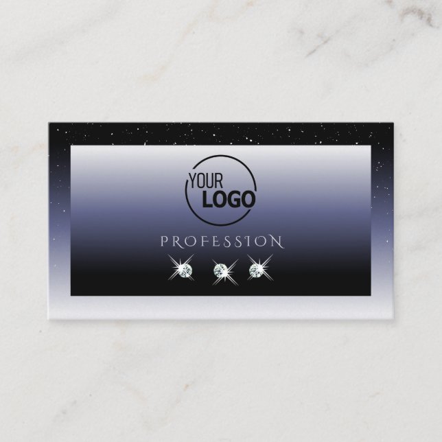 Modern Black Blue Gradient Sparkle Jewels and Logo Business Card (Front)