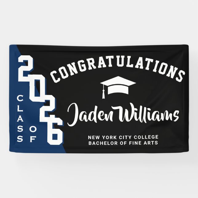 Modern Black Blue Graduation Class of 2025 Party Banner (Horizontal)