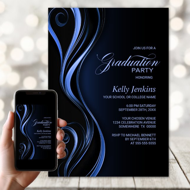 Modern Black Blue Graduation Party Invitation (Creator Uploaded)