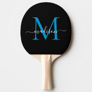 Modern Black Blue Monogram Elegant Script Name Ping Pong Paddle