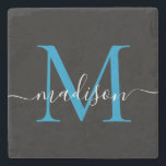 Modern Black Blue Monogram Feminine Script Name Stone Coaster<br><div class="desc">Elegant Black Ocean Bright Blue Monogram Feminine Script Name Stone Coaster</div>