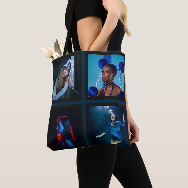 Modern black Blue photo collage woman Tote Bag (Close Up)