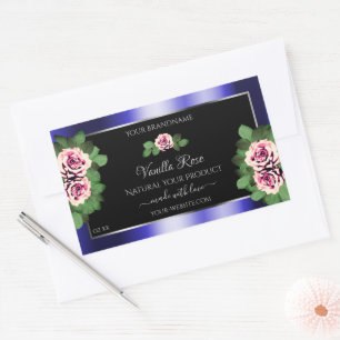 Modern Black Blue Product Labels Floral Pink Roses
