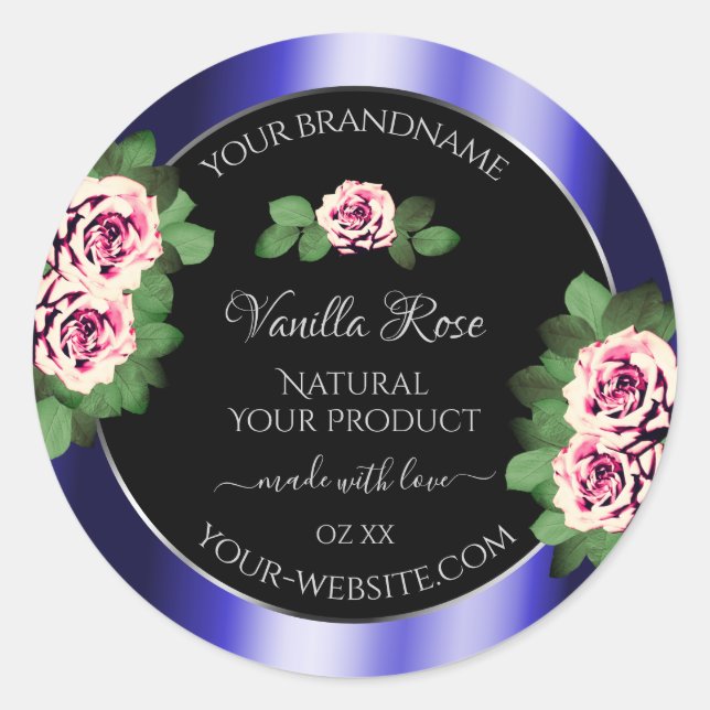 Modern Black Blue Product Labels Floral Pink Roses (Front)