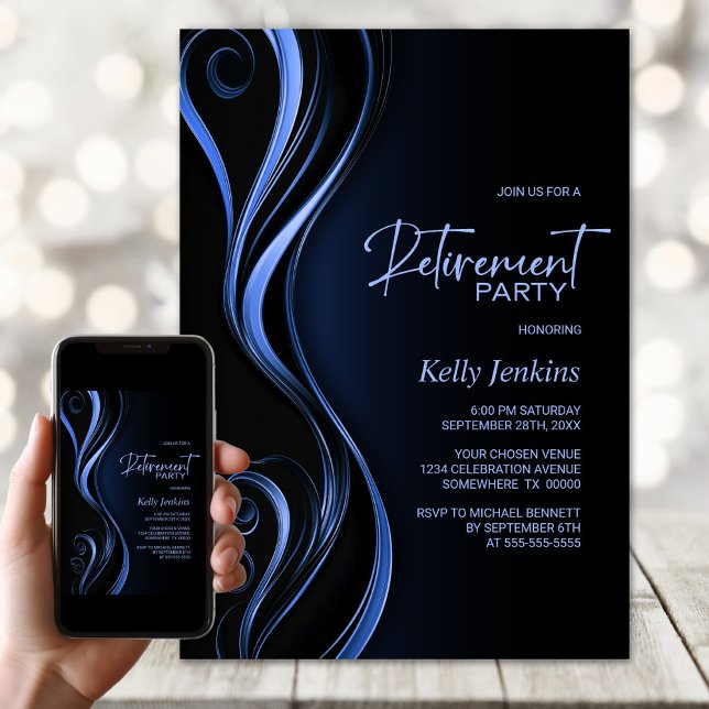 Modern Black Blue Retirement Party Invitation (Creator Uploaded)