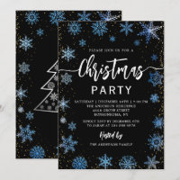 Modern Black Blue Snowflakes Christmas Party