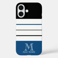 Modern Black Blue Stripes with Monogram Name