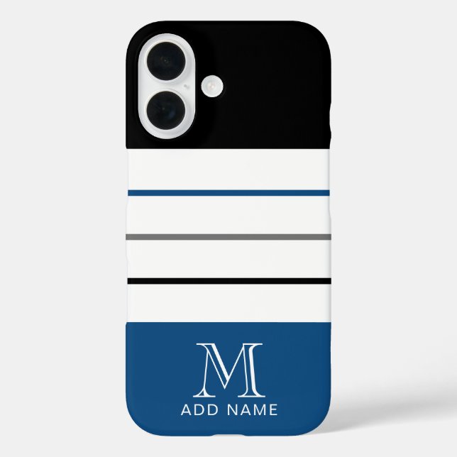 Modern Black Blue Stripes with Monogram Name Case-Mate iPhone Case (Back)