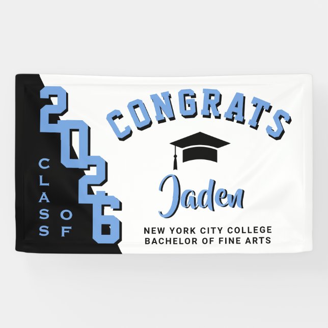 Modern Black Blue White 2026 Graduation Party Banner (Horizontal)