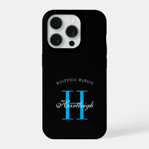 Modern Black Blue White Monogram Name iPhone 15 Pro Case