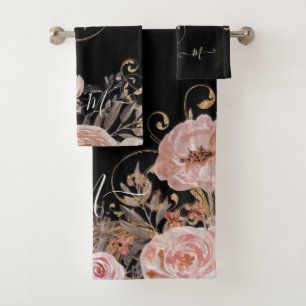 Modern Black Blush Pink Watercolor Floral Elegant Bath Towel Set