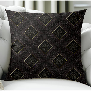 Modern Black Boho Gold Flowers And Glitter Chic Throw Pillow