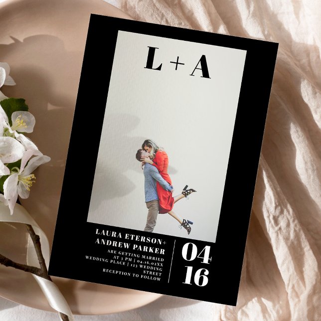 Modern black bold minimalist initial photo wedding invitation (Modern black bold minimalist initial photo wedding invitation)