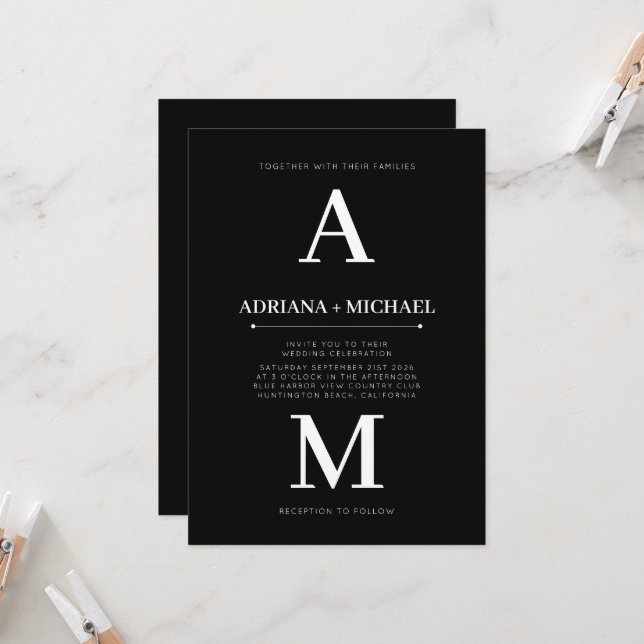 Modern Black Bold WhiteTypography Wedding  Invitation (Front/Back In Situ)