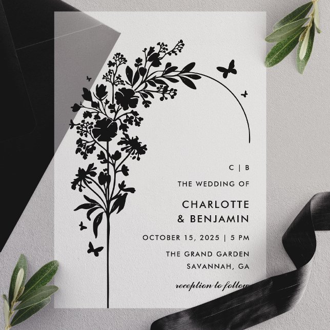 Modern Black Botanical Butterfly Arch Vellum Invitations (Creator Uploaded)