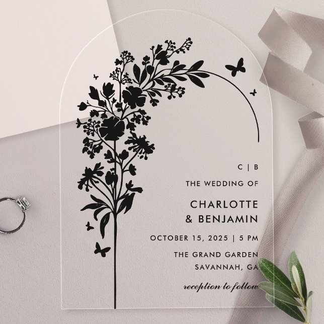  Modern Black Botanical Butterfly Arch Wedding Acrylic Invitations (Creator Uploaded)