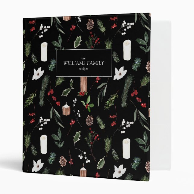Modern Black Botanical Christmas Family Recipes Binder (Front/Inside)