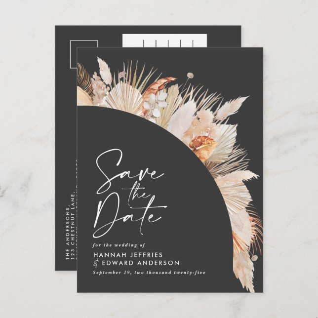 Modern black botanical elegant pampas grass announcement postcard (Front/Back)