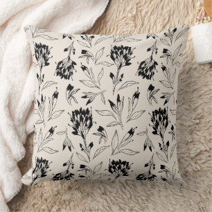 Modern Black Botanical Floral Sketch Pattern Throw Pillow