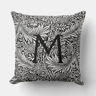 Modern Black Botanical Monogram Throw Pillow
