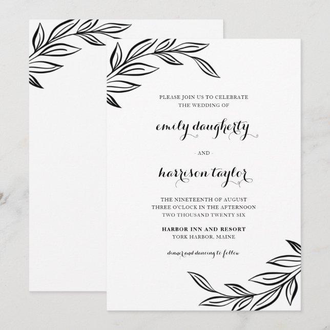 Modern Black Botanical Wedding Invitation (Front/Back)