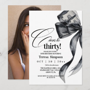 Modern Black Bow 30th Birthday Photo  Invitation
