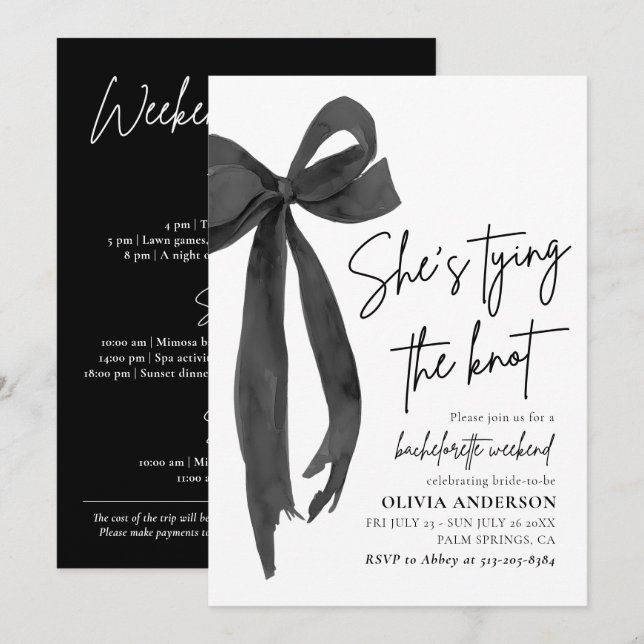 Modern Black Bow Bachelorette Weekend Itinerary Invitation (Front/Back)