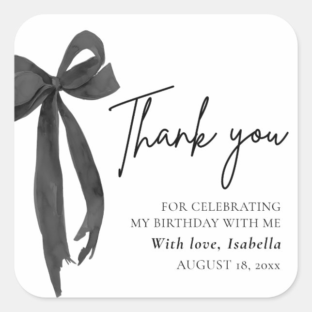 Modern Black Bow Coquette Birthday Thank You Square Sticker (Front)